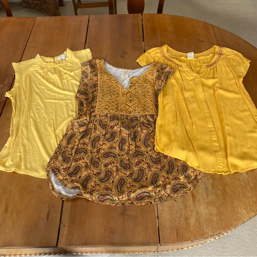 Bundle of 3 Yellow Golden Flowy Boho Peasant Small Tops Casual Paisley Lace